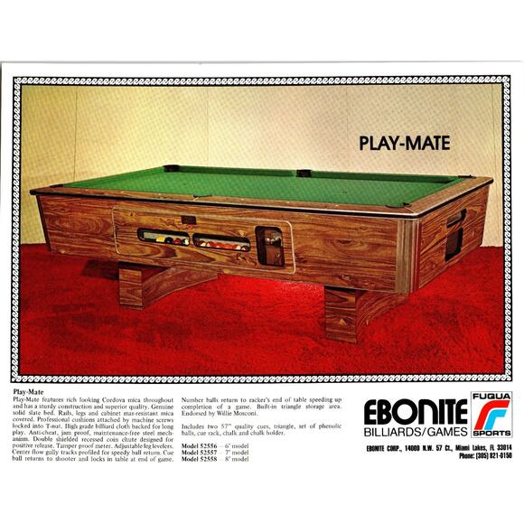 Vintage 1960s Ebonite Play-Mate Billiards Pool Table Flyer Miami FL - Picture 1 of 2